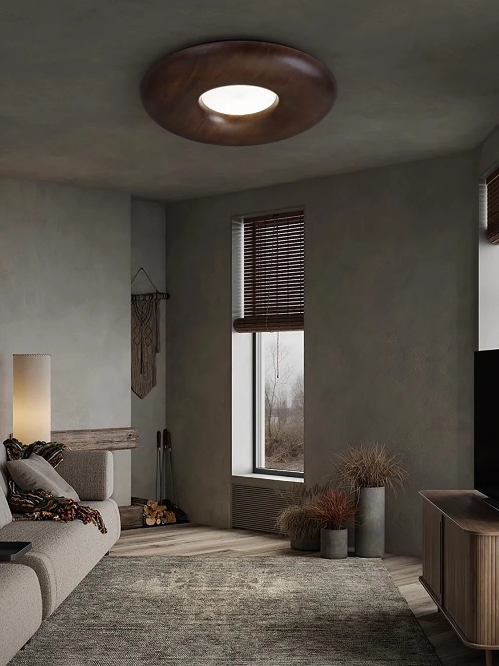 Dark wood LUXELY ceiling lamp in a rustic living room, offering warm LED lighting and retro-modern charm for home interiors.