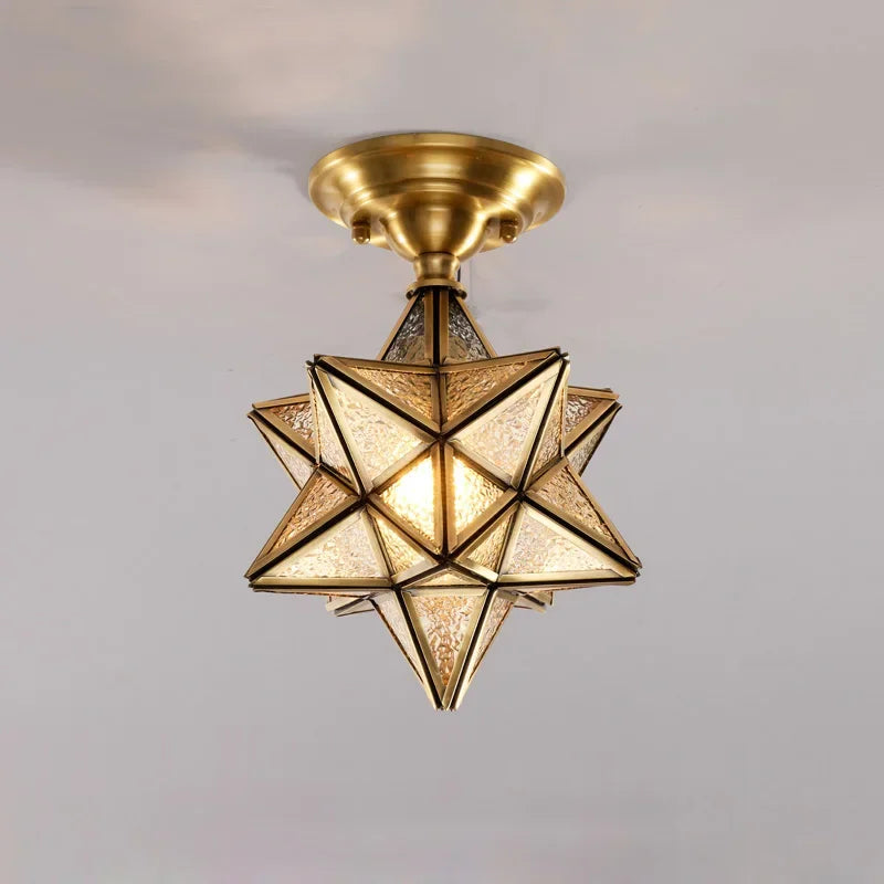 LUXELY post-modern copper ceiling light featuring geometric glass panels, perfect for stylish ceiling lighting in home interiors.