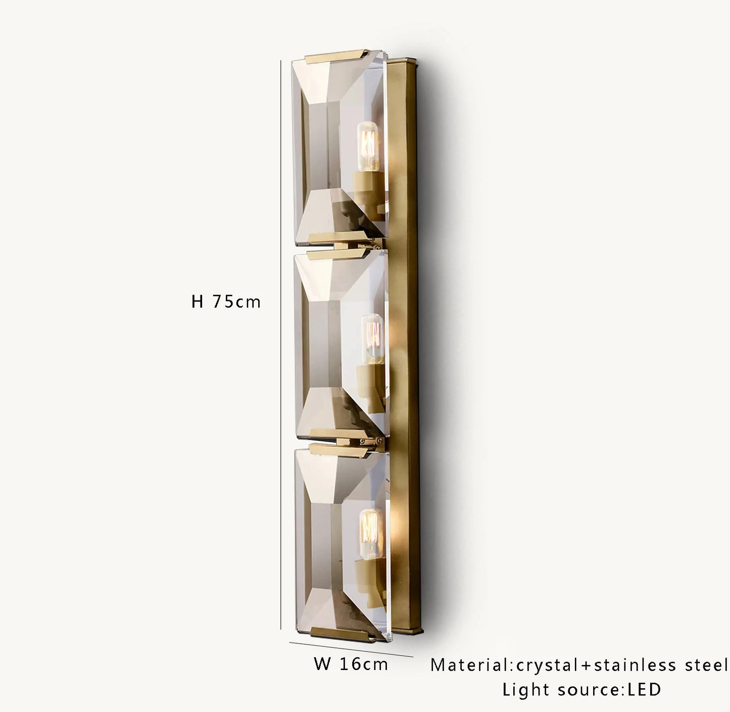 Gold crystal LED wall sconce, 75cm tall with three LED bulbs, combining luxury materials and modern lighting style.