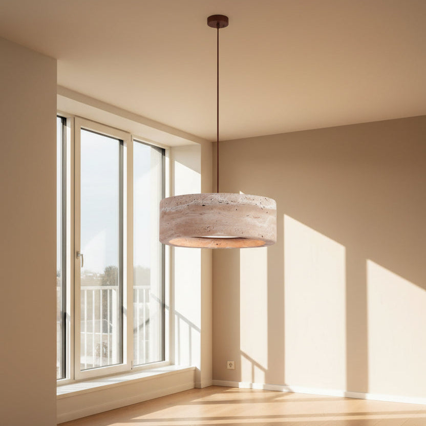 Travertine Retro Pendant Light turned on, emitting a warm LED glow through its stone body, perfect for cozy bedroom lighting.