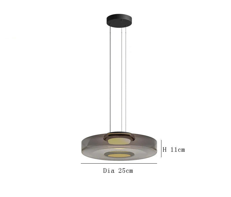 Smoke grey glass pendant light with 25cm diameter and 11cm height. LED source and adjustable wire for modern lighting.
