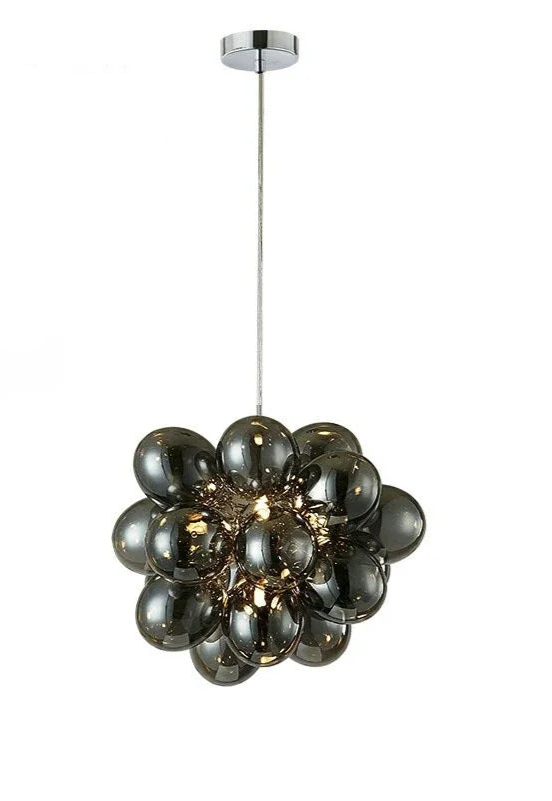 Mid-sized modern grape glass chandelier with clustered smoked bulbs and LED lighting, perfect for bedrooms or entryways.