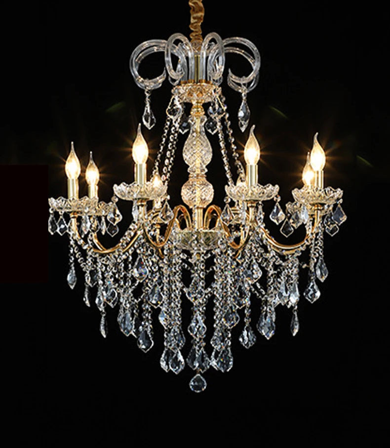 Classic golden crystal chandelier with candle-style LED lights and ornate crystal detailing for upscale interiors.