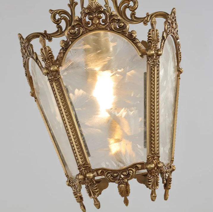 French retro chandelier with glowing LED light and ornate copper frame. Ice flower glass panels create soft ambient lighting.