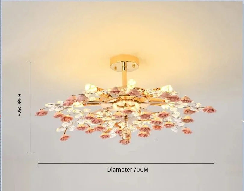 70cm pink French ceramic flower chandelier with crystal accents, modern LED ceiling light for home lighting decor.