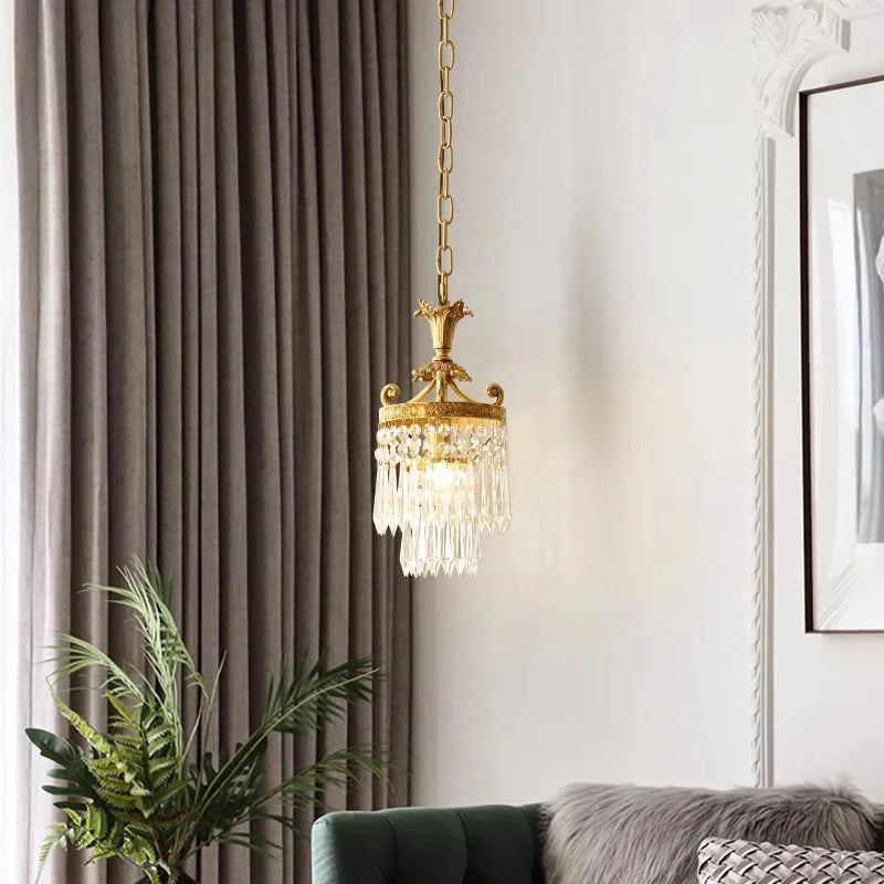 Retro French copper crystal chandelier hanging in a living room, adding a luxurious touch to home interior lighting.