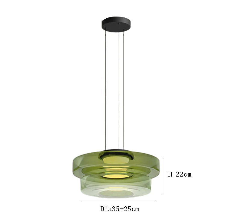 Green two-tier glass pendant light with 35cm and 25cm diameters. LED source and adjustable wire for kitchen or dining decor.