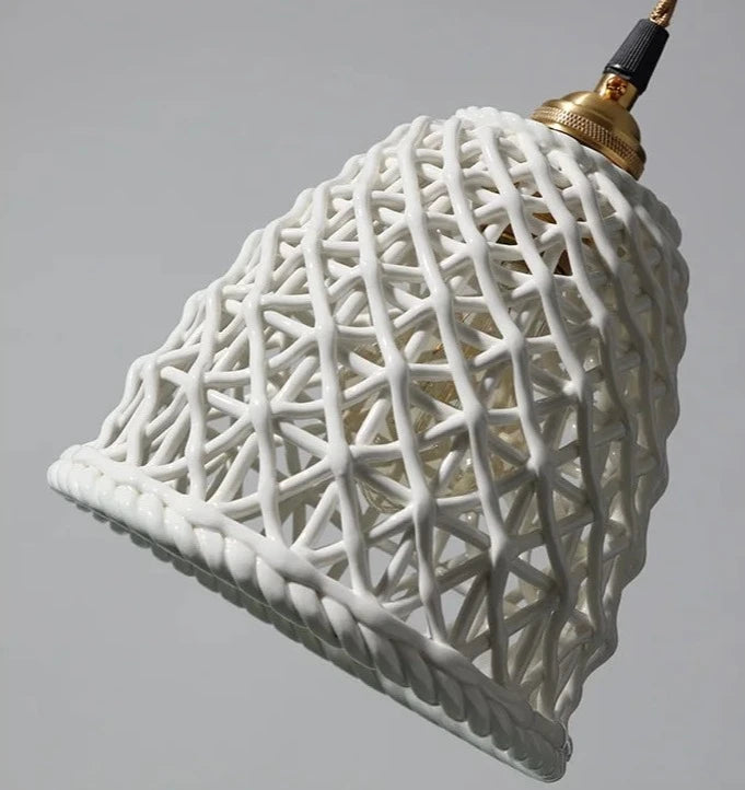 Detailed view of LUXELY white ceramic pendant light with woven texture, perfect for pendant hotel or retro lighting themes.