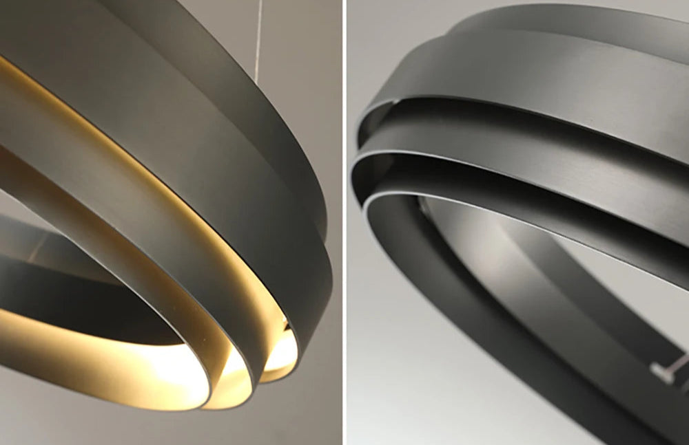 Brushed gun black stainless steel LED chandelier, featuring a sleek modern ring design for contemporary interiors.