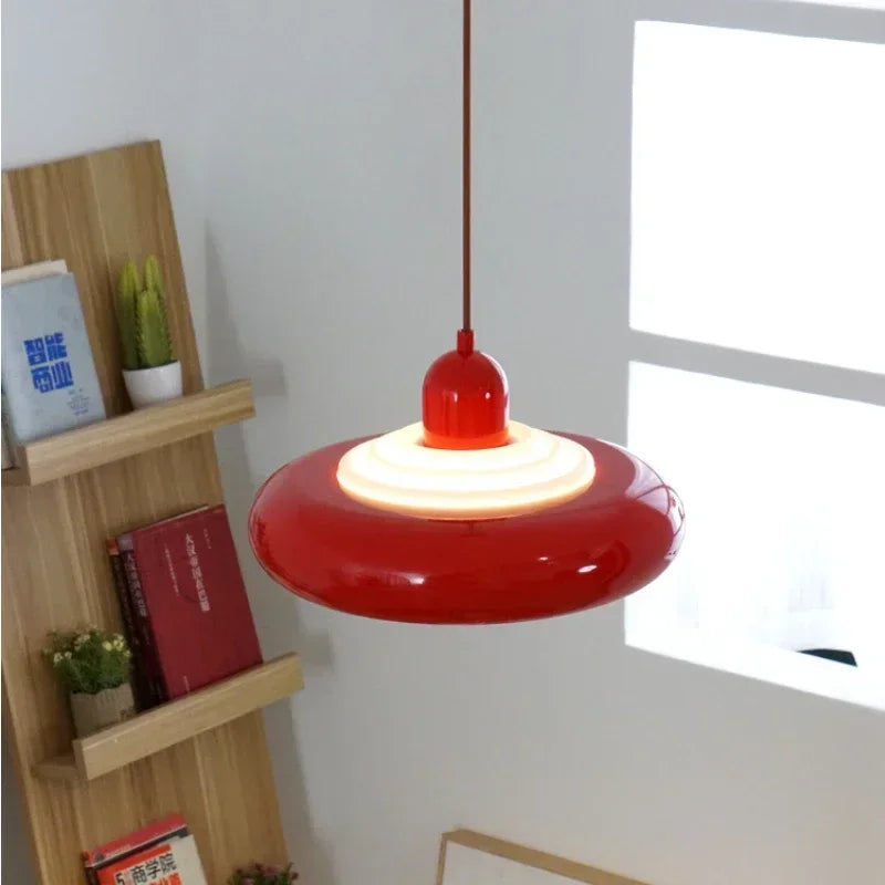 Red Bauhaus Pendant Light - Modern Suspension | LED, Metal, 90-260V, stylish ceiling lamp for contemporary dining spaces.