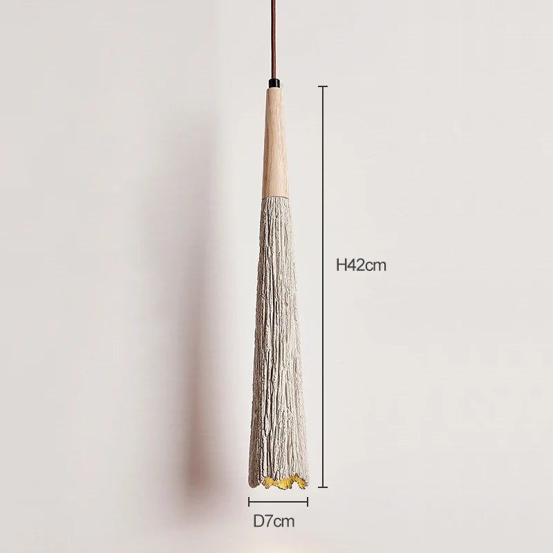 Tall and narrow travertine pendant light with 42cm height and 7cm diameter, ideal for hallway or bedside lighting.