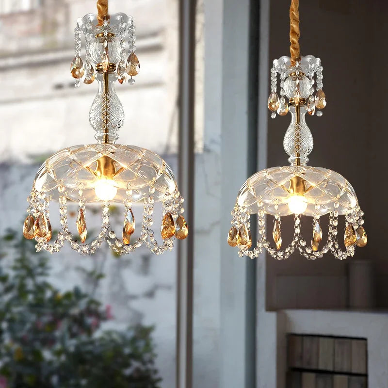 Pair of LED Crystal Chandelier Art Deco lights with amber crystal drops, perfect for dining or living room ambiance and energy-efficient lighting.