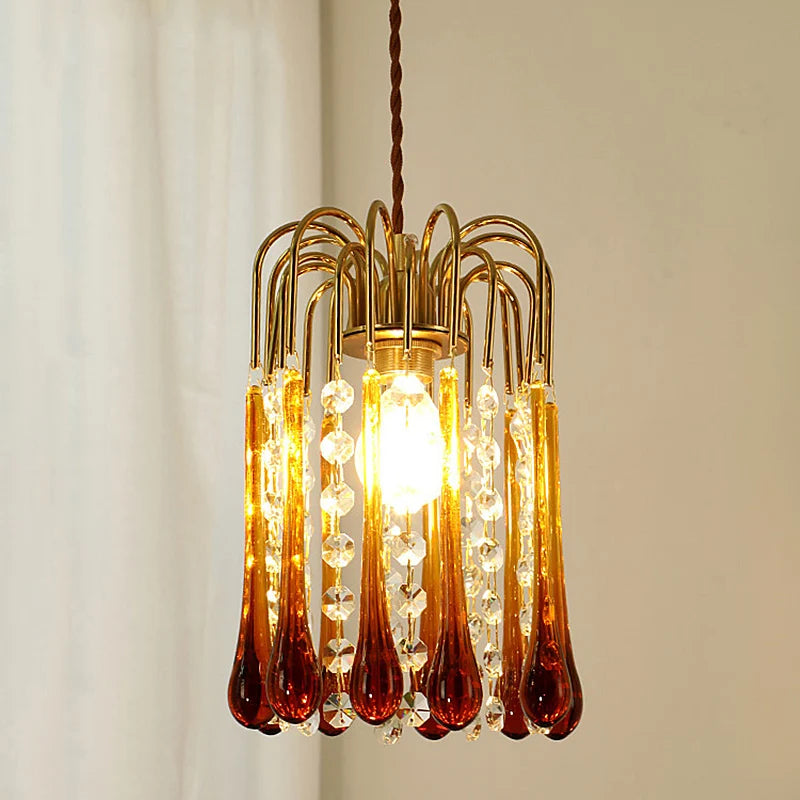 Vintage Water Drop Glass Chandelier - Copper Pendant with amber and clear crystal drops, ideal for bedroom or bay window lighting.