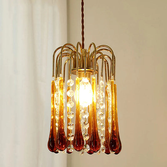 Vintage Water Drop Glass Chandelier - Copper Pendant with amber and clear crystal drops, ideal for bedroom or bay window lighting.