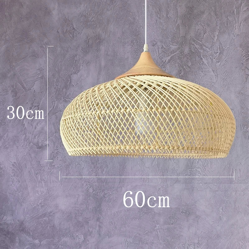Large dome-shaped rattan pendant light with wood accent, 60cm wide, ideal for spacious living or dining areas.