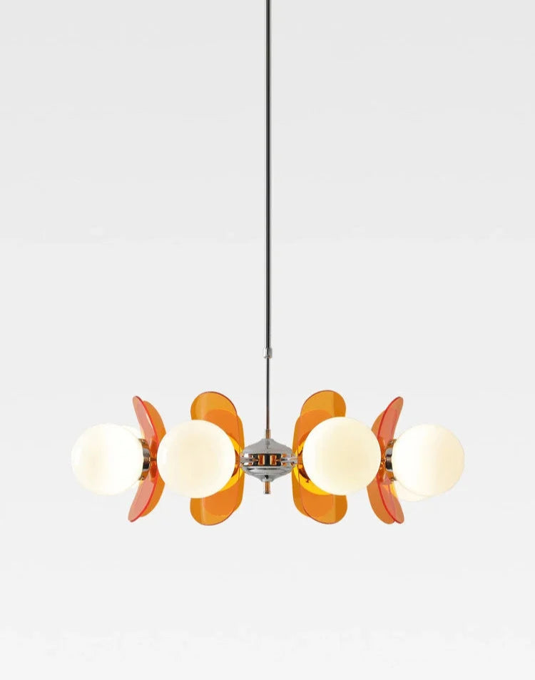 Side view of Bauhaus retro chandelier with orange acrylic panels and LED globes, designed for dining room ceiling lighting.