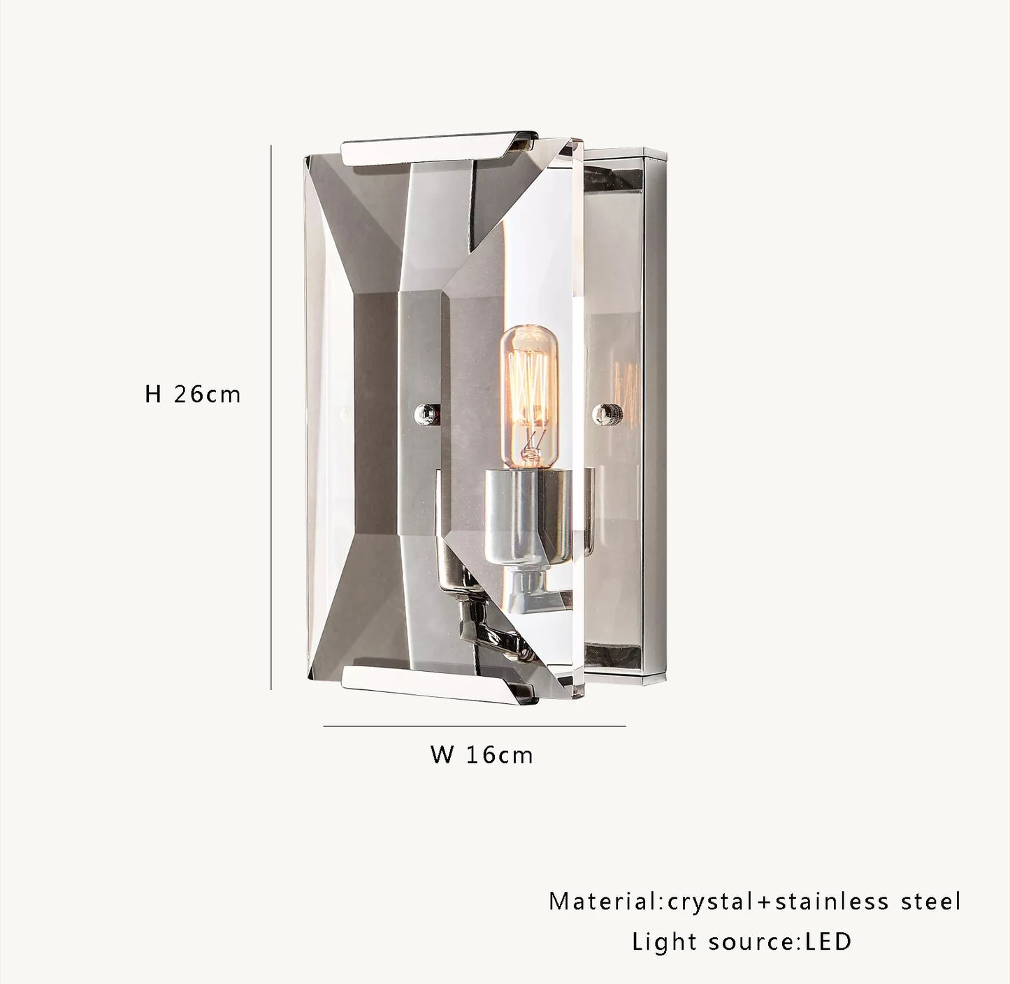 Crystal LED wall sconce dimensions: 26cm height, 16cm width, made of stainless steel and crystal with modern design.