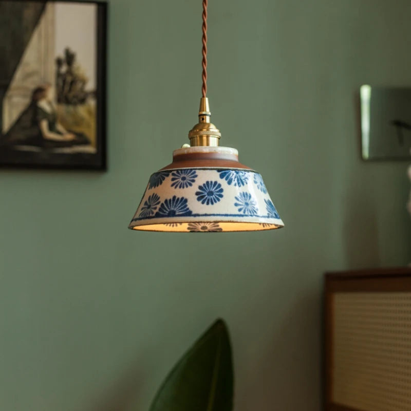 Porcelain Pendant Light - Retro Chinese Style with blue floral pattern, ideal for bedroom or kitchen decor. E27 socket with warm LED glow.