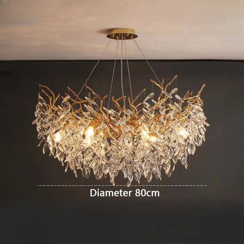 French modern chandelier - luxury crystal ceiling light with 80cm diameter, showcasing gold branch structure and shimmering crystal leaves.