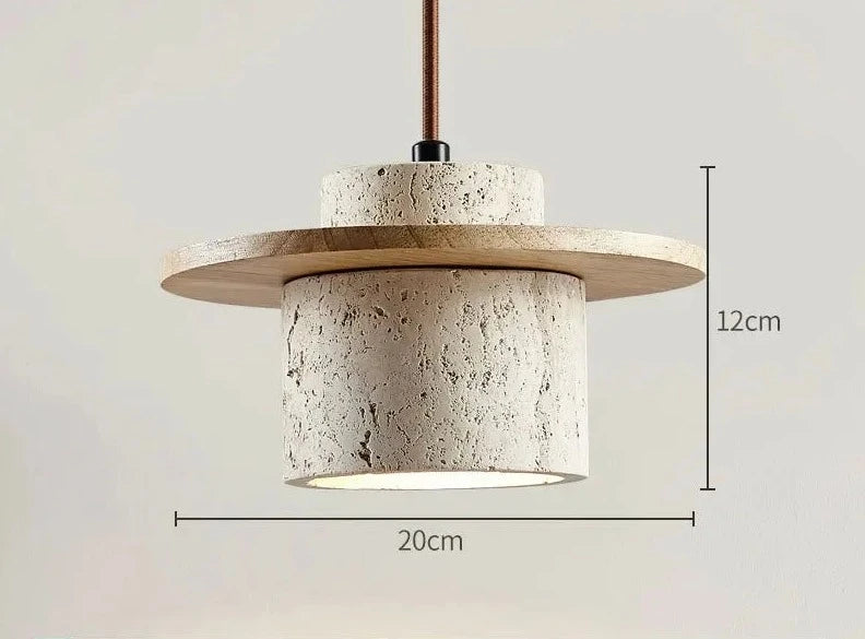 LUXELY pendant light with light wood and travertine body, 20cm diameter and 12cm height, ideal for minimalist home lighting.