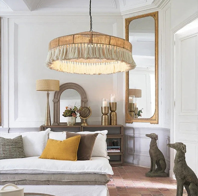 VIGOUS Rattan Pendant Light illuminating a vintage-inspired living room, enhancing the space with cozy, handmade lighting.