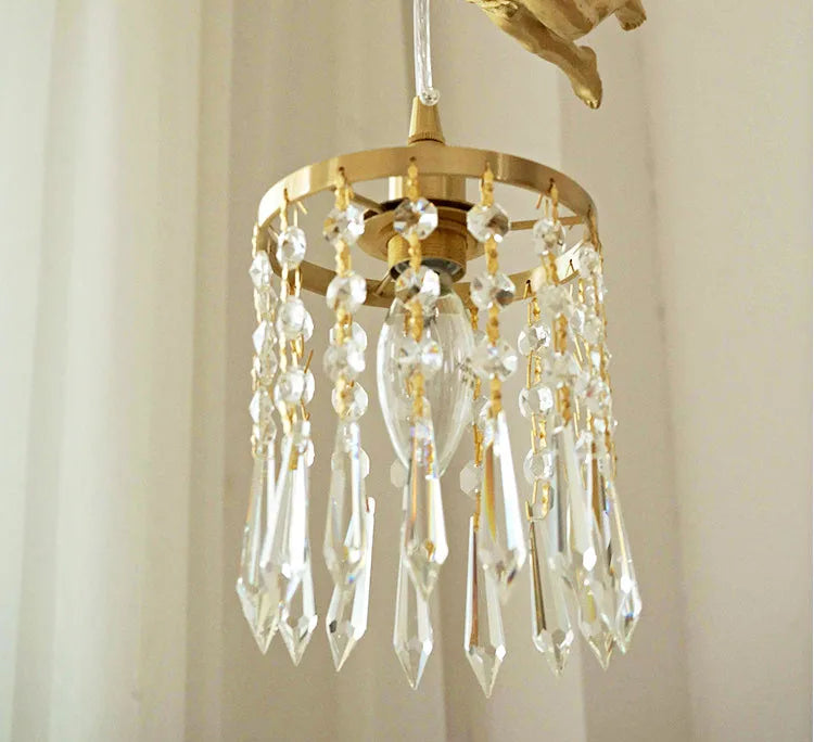 Copper angel chandelier light with crystal pendant shown with dimensions, 50cm height and 25cm width, ideal for compact spaces.