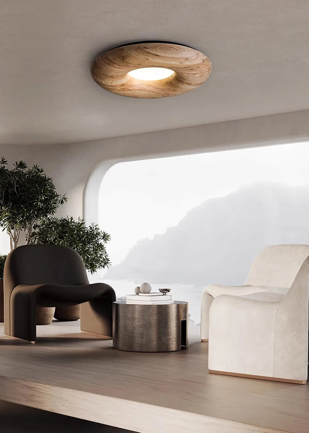 Modern lounge with scenic view and LUXELY wooden ceiling lamp, blending natural aesthetics with cozy LED lighting.