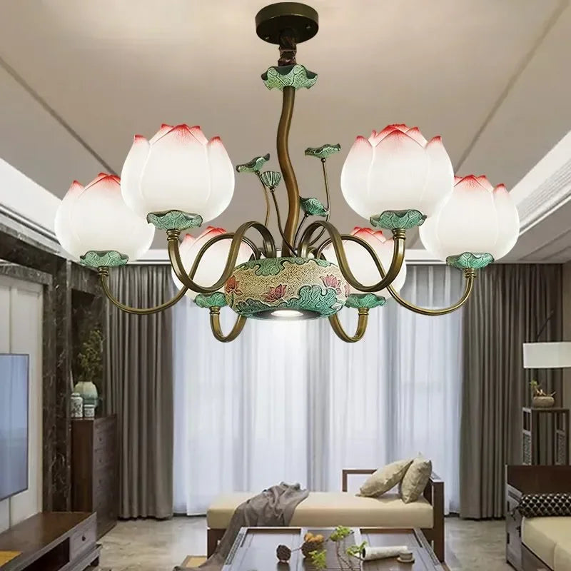 Creative chandelier with lotus blossom LED lights, adding floral elegance to a spacious living room with natural lighting.