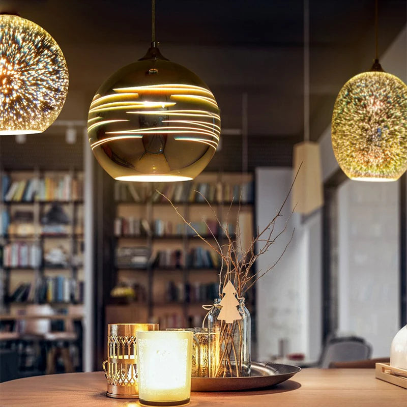 Assorted Fireworks Stained Glass Pendant Lights with LED, E27 base, and chrome finish, enhancing cozy home interior ambiance.
