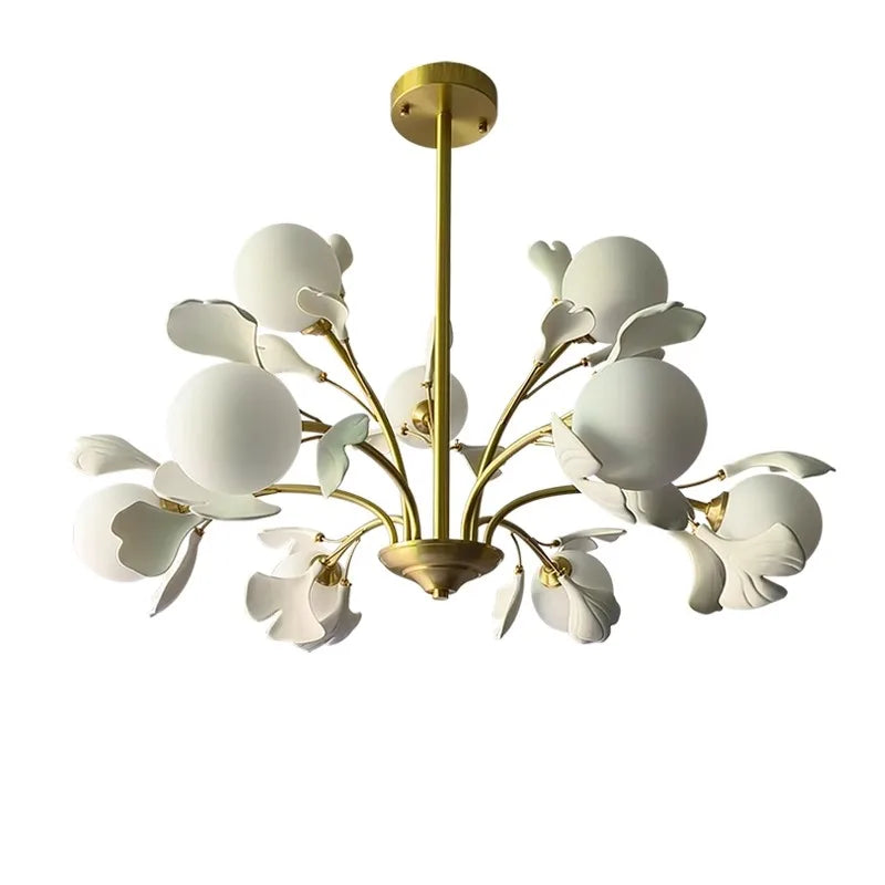 Modern ceiling pendant light with gold structure and white globe bulbs, designed for stylish dining and living spaces.