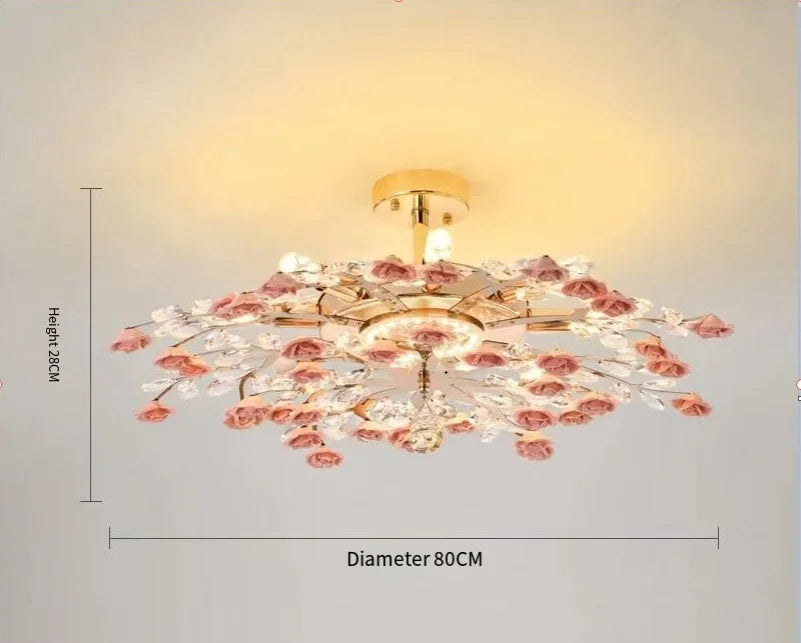 80cm French ceramic flower chandelier in pink with crystal branches, elegant ceiling light for spacious rooms.