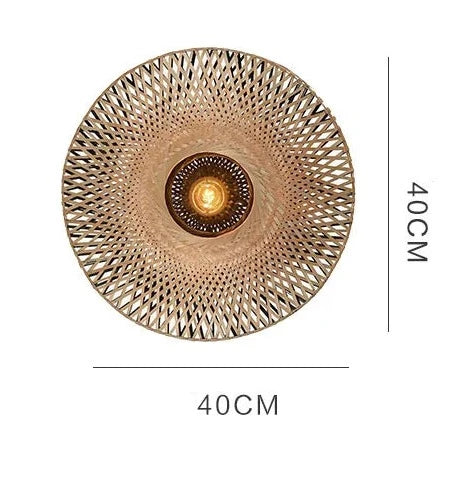 40cm Wabi-sabi bamboo wood wall lamp featuring a modern round woven pattern and warm central light for versatile home lighting.