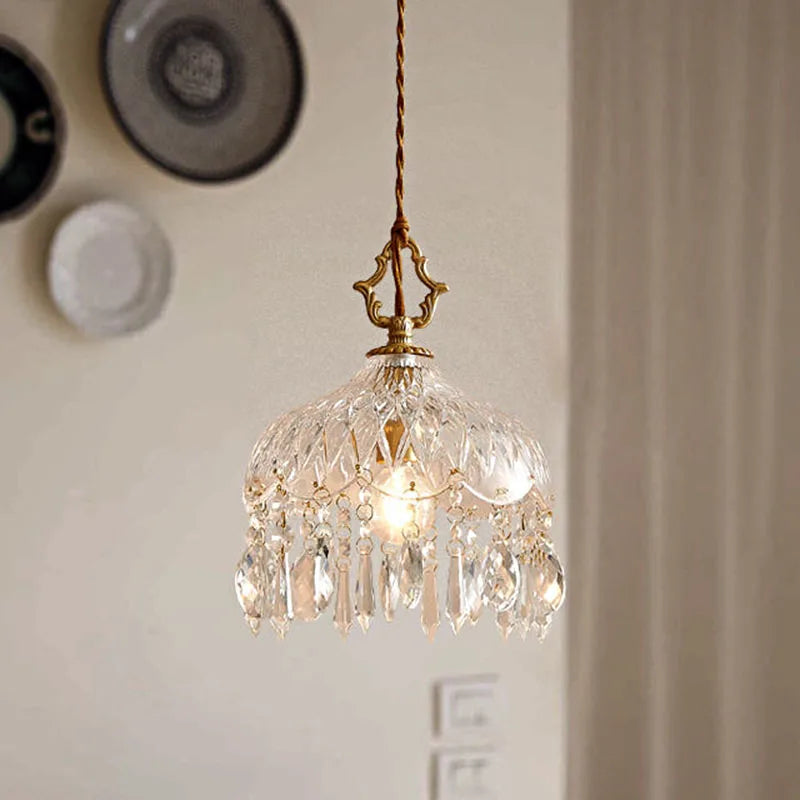 Small French Vintage Crystal Chandelier - Copper Hanging Lamp with crystal fringe, ideal for cozy home lighting in dining or living areas.