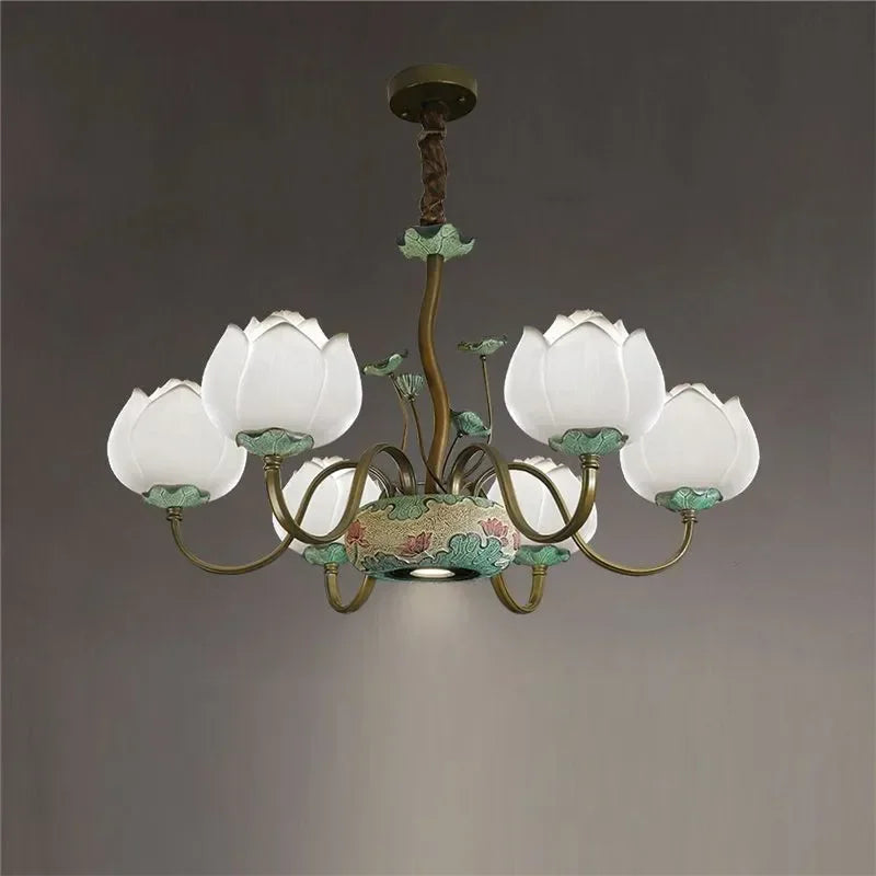 LED Floral Chandelier with five lotus blossom lights, combining traditional ceramic art with modern lighting efficiency.