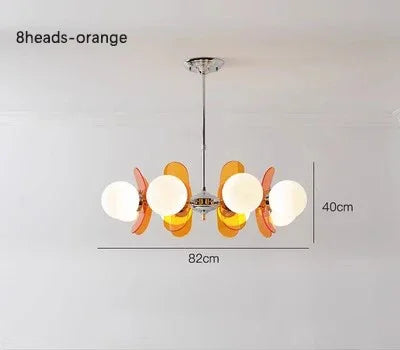 8-head orange Bauhaus retro chandelier with LED globes, 82cm wide, perfect for large dining rooms or restaurant lighting.