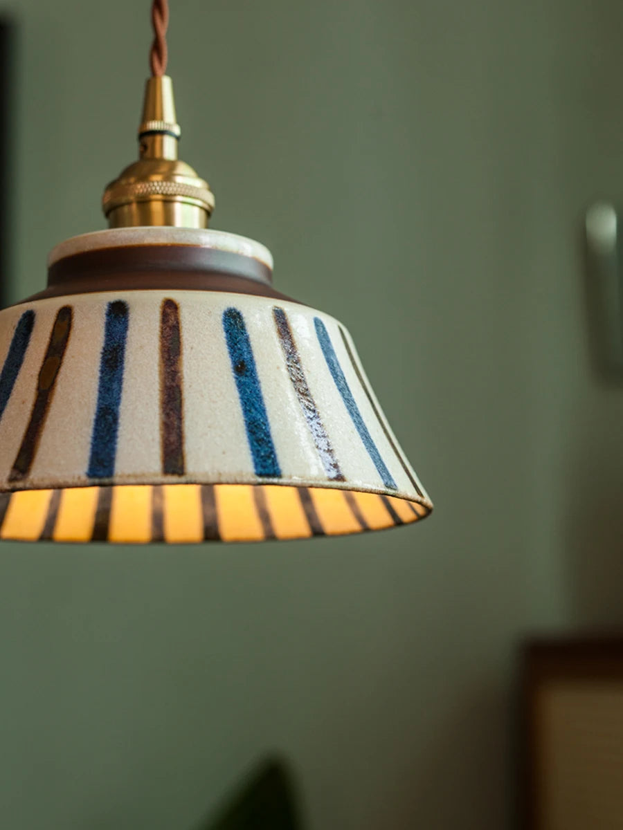 Striped version of Retro Chinese Porcelain Pendant Light with vertical blue and brown lines. Unique ceramic ceiling fixture.