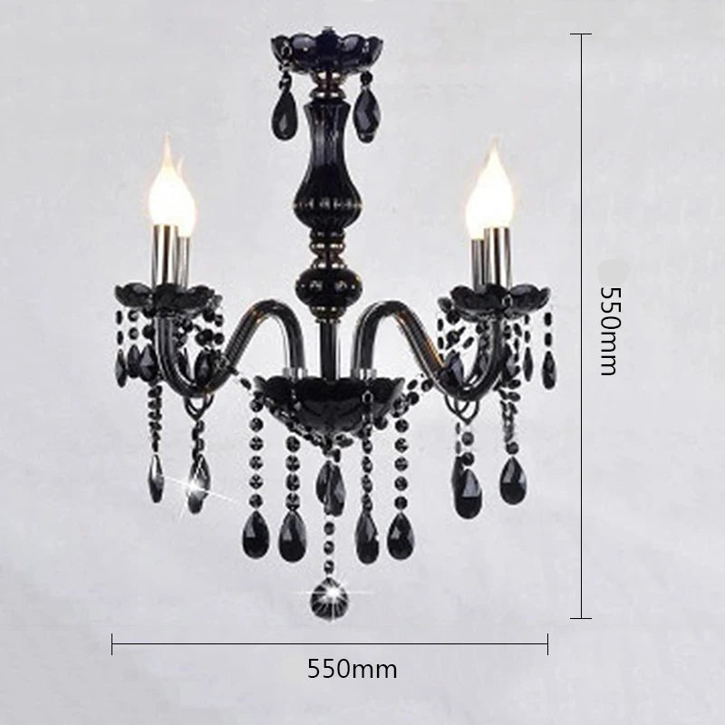 Two-light black crystal chandelier with LED candle bulbs, 550mm size, ideal for elegant lighting in small luxury rooms.