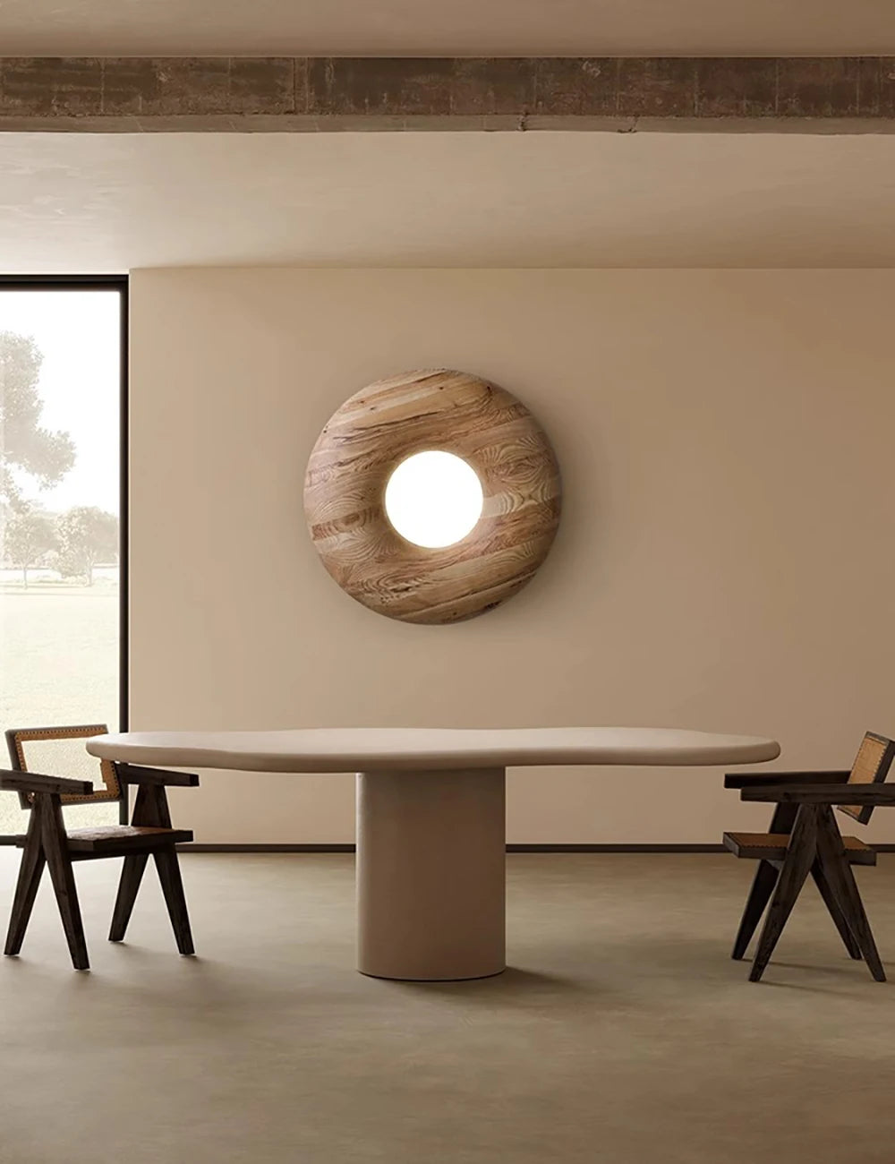 Wall-mounted LUXELY ceiling lamp in light wood finish used as a decorative lighting piece in a modern dining space.