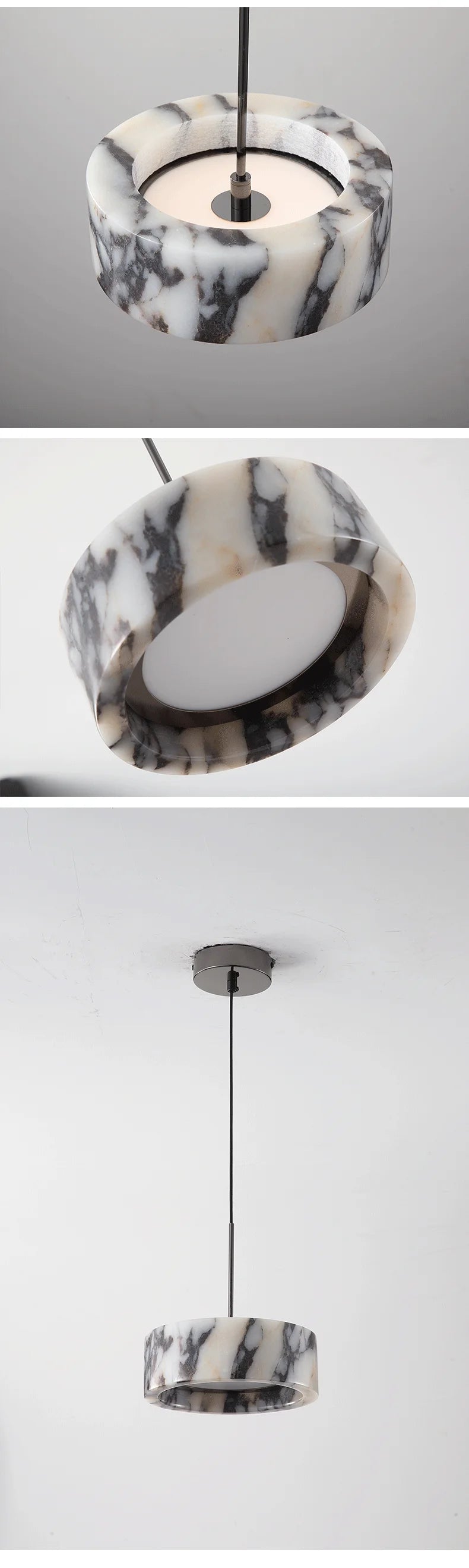 Multiple angles of Black Marble Dome Pendant - LED Lamp showcasing its round marble body and sleek hanging design for modern interiors.