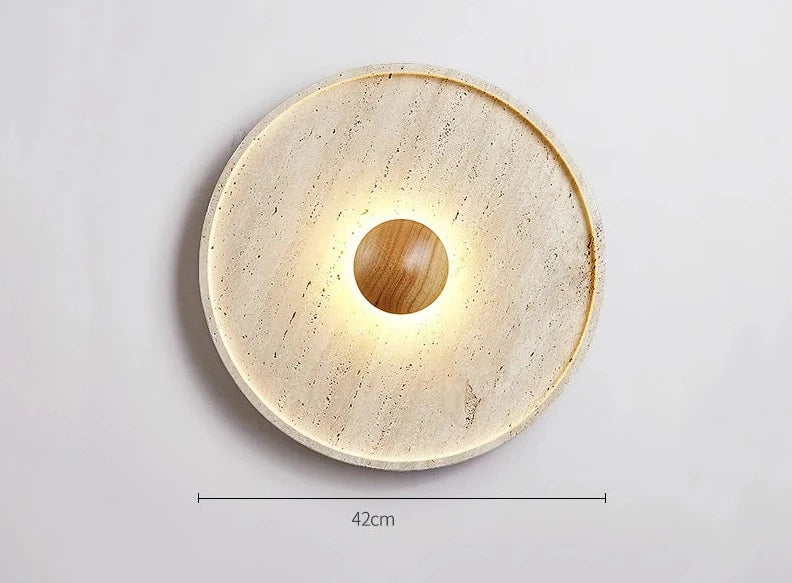 LUXELY Japanese wall lamp measuring 42cm in diameter, featuring travertine stone and wood LED center for ambient lighting.