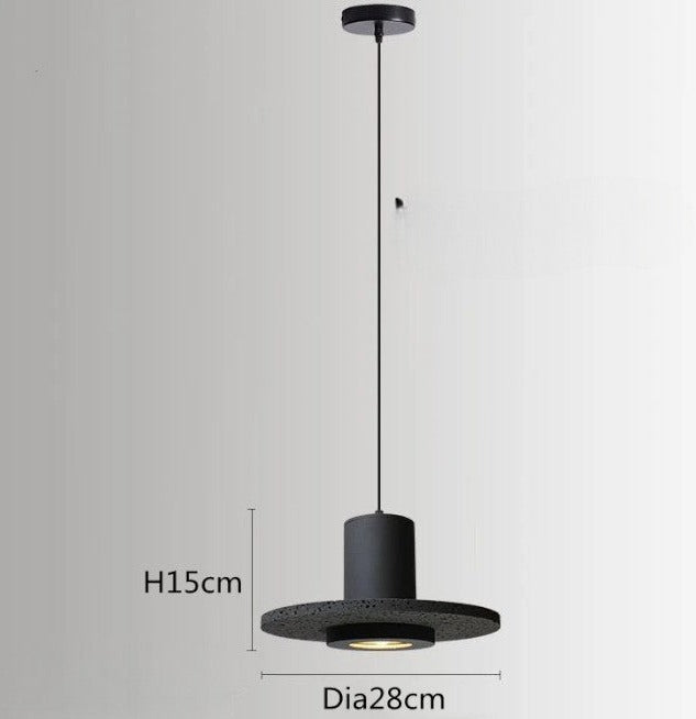 Black stone pendant light with wide circular shade, 28cm diameter, ideal for kitchen or dining spaces with industrial decor.