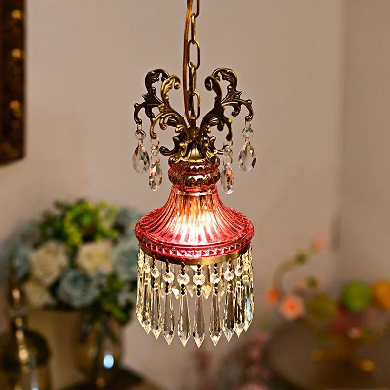 Elegant retro French crystal chandelier with teardrop crystals and red glass shade, luxury pendant light for home lighting.