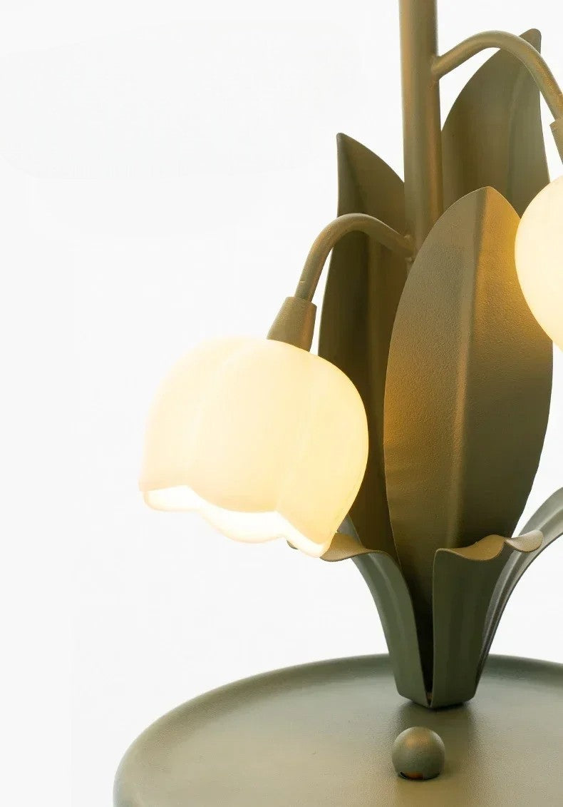 Close-up of Nordic Atmosphere Table Lamp base and flower-shaped LED lights, showcasing elegant floral lighting design.