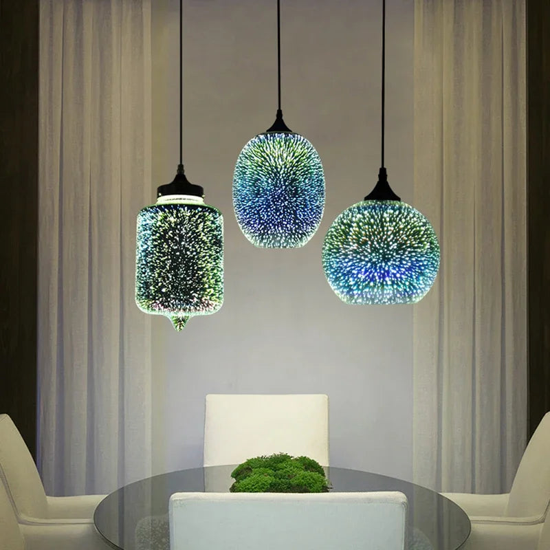 Glass 3D Fireworks Pendant Light - LED Stylish Design in mixed shapes, hanging above a modern dining table with white chairs.