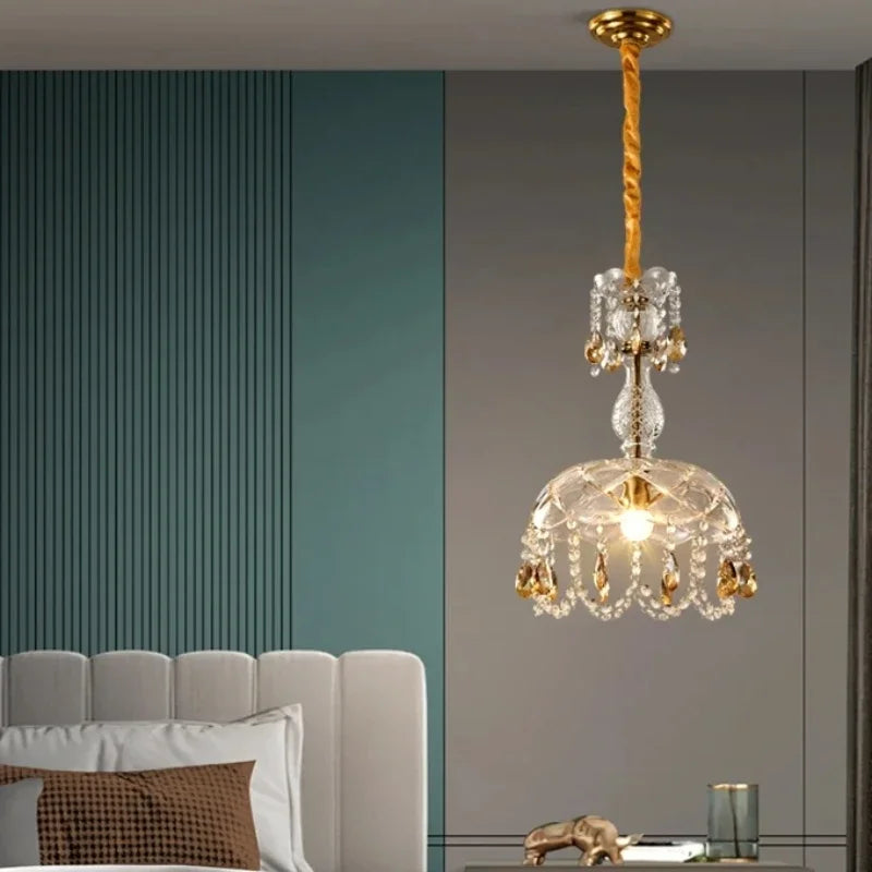 LED Crystal Chandelier Art Deco light fixture suspended over a modern bedroom nightstand, combining vintage charm with energy-saving design.