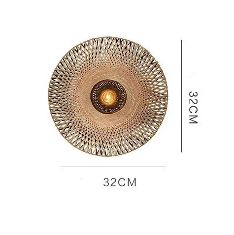 32cm Wabi-sabi bamboo wood wall lamp with woven round design and central light, ideal for compact wall lighting solutions.