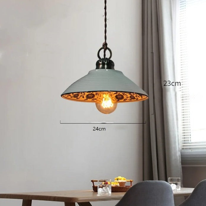 Wide ceramic pendant light with floral interior, 24cm wide and 23cm tall, suitable for rustic kitchen or dining lighting.