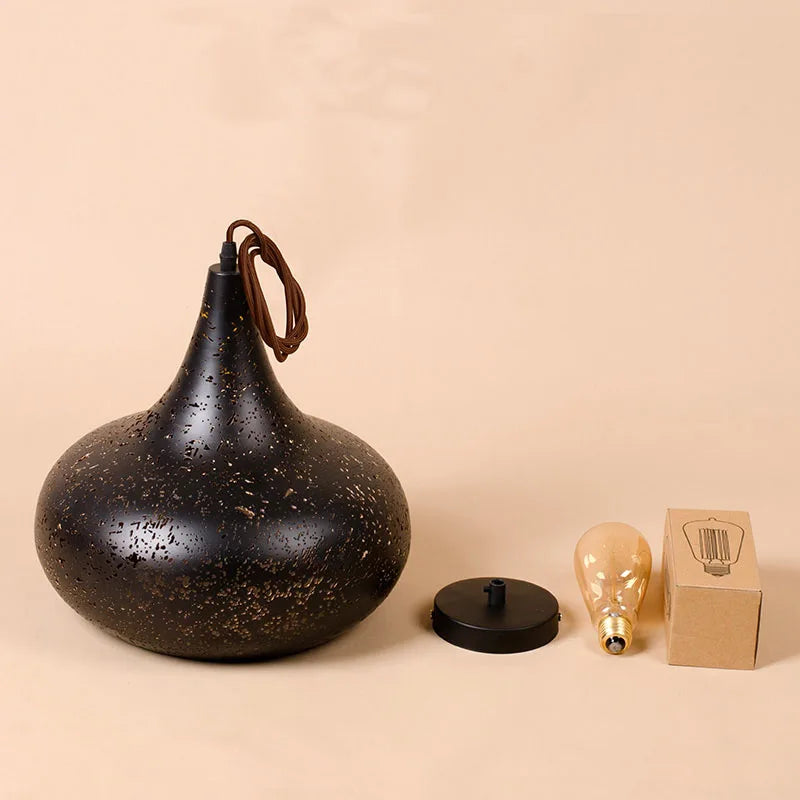 Retro Industrial Black Chandelier components including bulb, ceiling mount, and pendant shade, ready for home lighting installation.