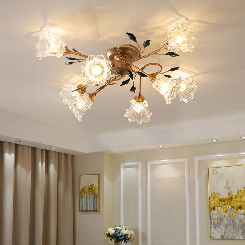 Elegant French Countryside Floral Ceiling Light illuminating a modern living room with decorative glass petals and LED bulbs.
