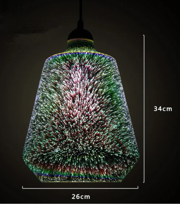Glass 3D Fireworks Pendant Light - LED Stylish Design in 34cm tall polygonal shape, with pink and green LED fireworks effect.